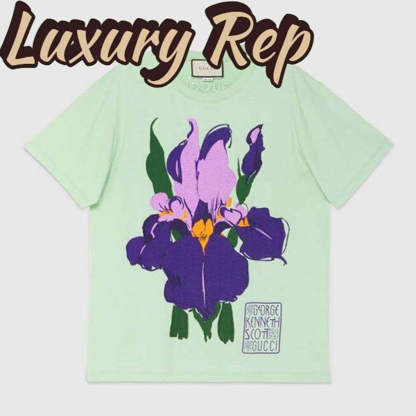 Replica Gucci Men Ken Scott Print Cotton T-Shirt Purple Flower Crewneck Oversize Fit-Lime
