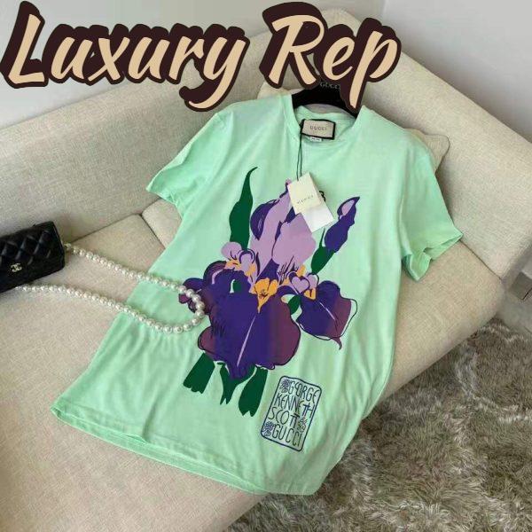 Replica Gucci Men Ken Scott Print Cotton T-Shirt Purple Flower Crewneck Oversize Fit-Lime 3