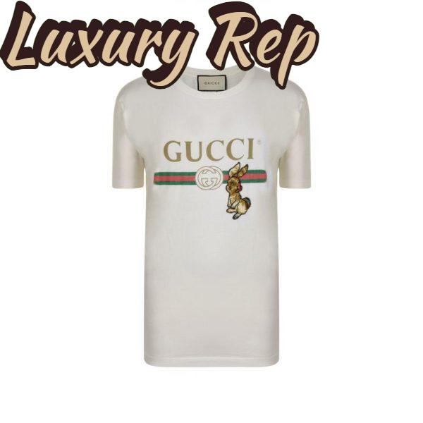 Replica Gucci Men Oversize T-Shirt with Gucci Logo and Rabbit-Beige