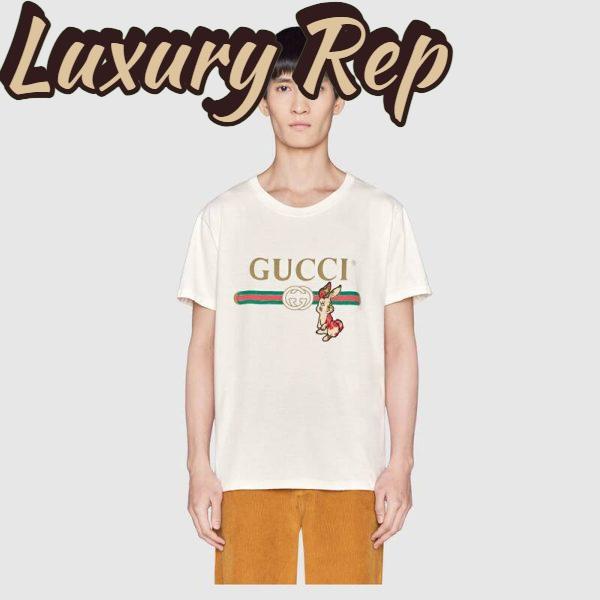 Replica Gucci Men Oversize T-Shirt with Gucci Logo and Rabbit-Beige 3