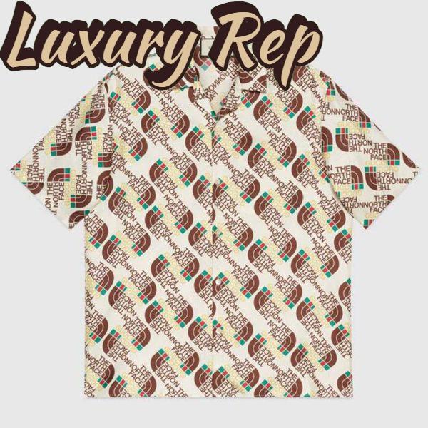 Replica Gucci Men The North Face x Gucci Web Print Silk Shirt Chest Pocket Button Front