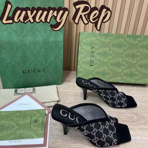 Replica Gucci Women GG Sandal Black Mesh GG Crystals Square Toe Mid-Heel 3