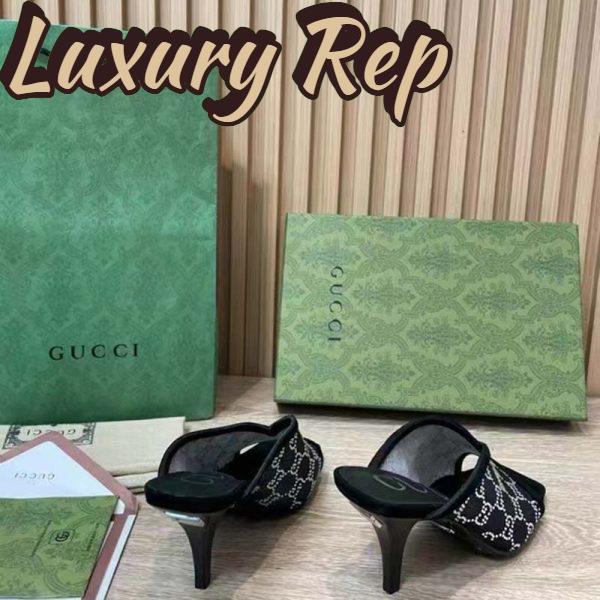 Replica Gucci Women GG Sandal Black Mesh GG Crystals Square Toe Mid-Heel 8