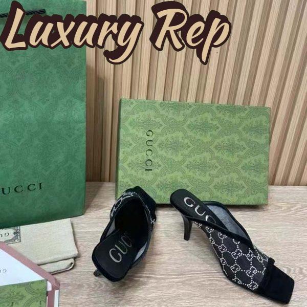Replica Gucci Women GG Sandal Black Mesh GG Crystals Square Toe Mid-Heel 10