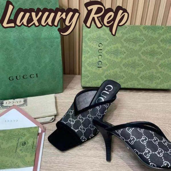 Replica Gucci Women GG Sandal Black Mesh GG Crystals Square Toe Mid-Heel 11