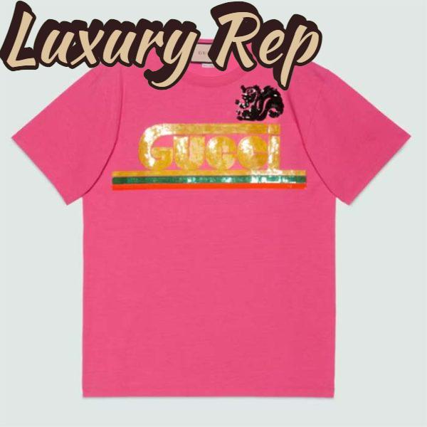 Replica Gucci Women GG Cotton T-Shirt Skunk Embroidery Fuchsia Jersey Crewneck Short Sleeves