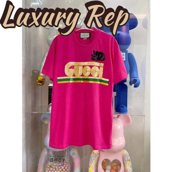 Replica Gucci Women GG Cotton T-Shirt Skunk Embroidery Fuchsia Jersey Crewneck Short Sleeves 2