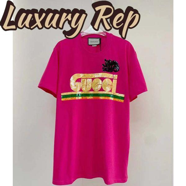 Replica Gucci Women GG Cotton T-Shirt Skunk Embroidery Fuchsia Jersey Crewneck Short Sleeves 3
