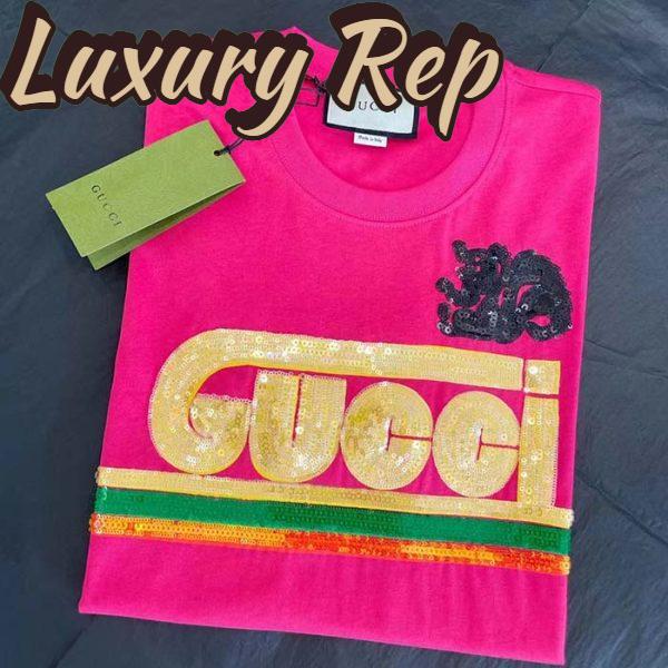 Replica Gucci Women GG Cotton T-Shirt Skunk Embroidery Fuchsia Jersey Crewneck Short Sleeves 4