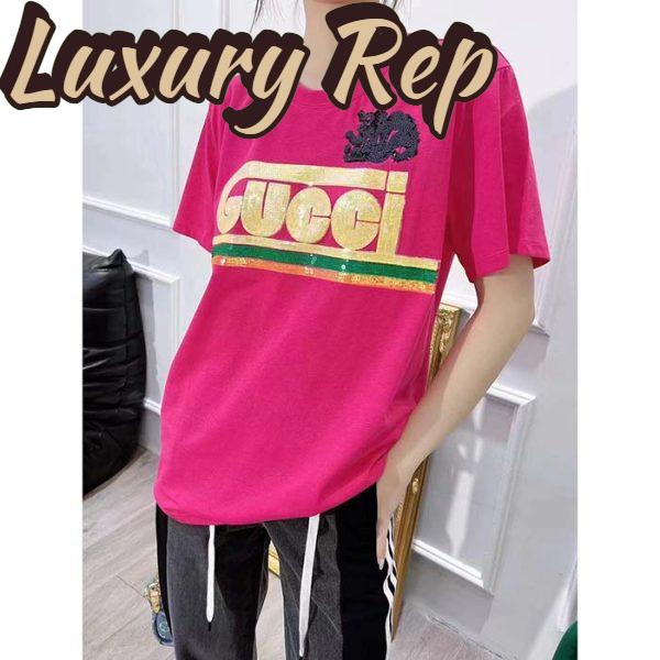 Replica Gucci Women GG Cotton T-Shirt Skunk Embroidery Fuchsia Jersey Crewneck Short Sleeves 9