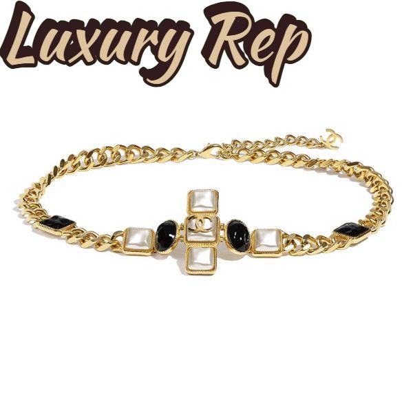 Replica Chanel Women Metal & Resin Gold Pearly White & Black Belt