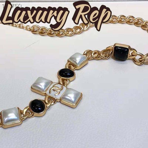 Replica Chanel Women Metal & Resin Gold Pearly White & Black Belt 7
