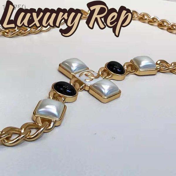 Replica Chanel Women Metal & Resin Gold Pearly White & Black Belt 8