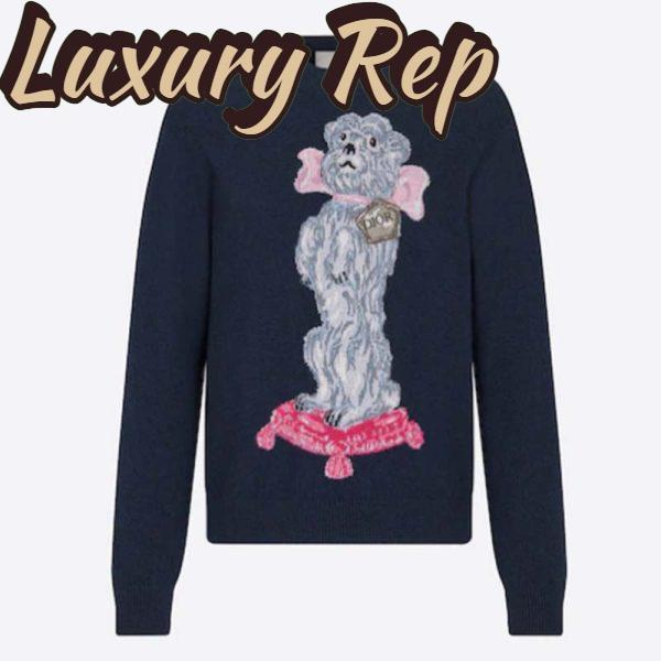Replica Dior Women CD Bobby Sweater Navy Blue Cashmere Jacquard Ribbed Round Collar