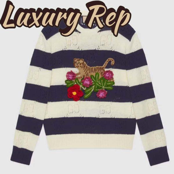 Replica Gucci GG Men Gucci Tiger Wool Sweater Embroidery Tiger Flower Crewneck