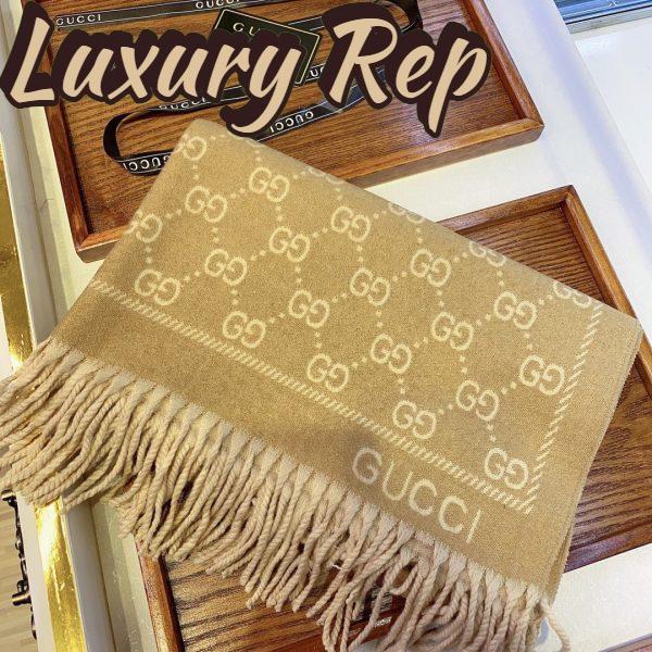 Replica Gucci Unisex GG Jacquard Knitted Scarf Light Brown Fringe Edges 4