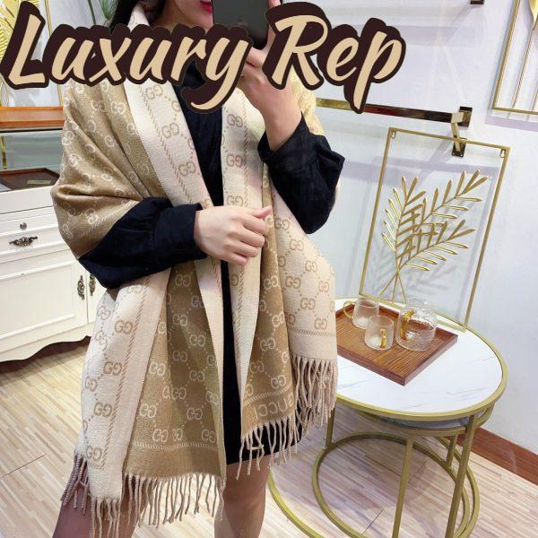 Replica Gucci Unisex GG Jacquard Knitted Scarf Light Brown Fringe Edges 7