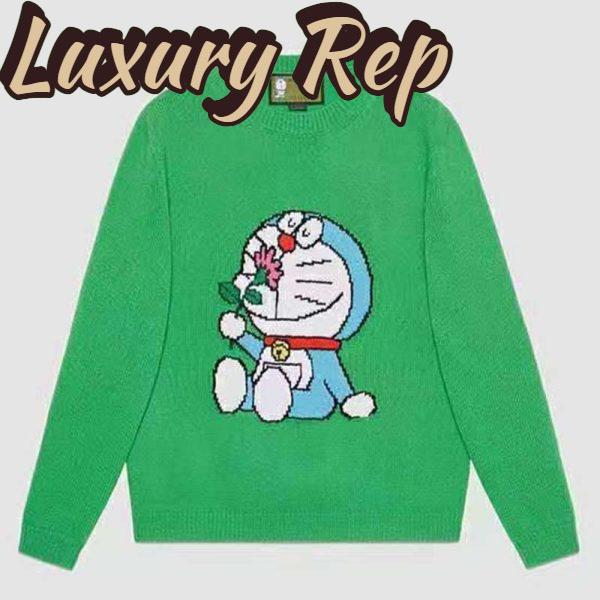 Replica Gucci Men Doraemon x Gucci Wool Sweater Green Wool Crewneck