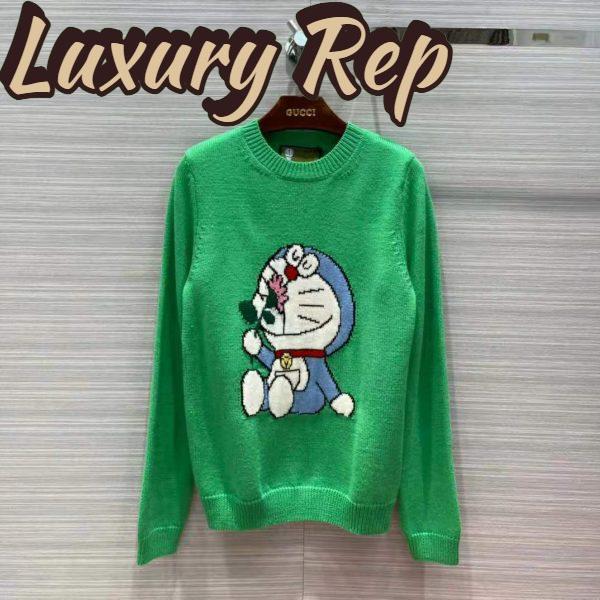 Replica Gucci Men Doraemon x Gucci Wool Sweater Green Wool Crewneck 2