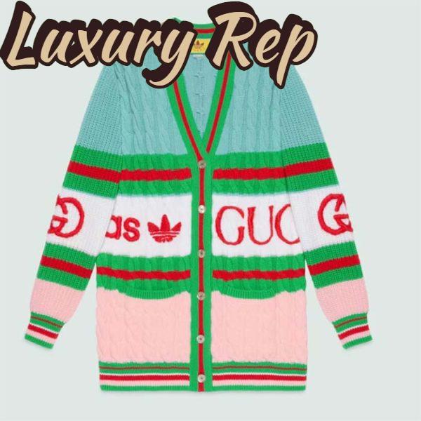 Replica Gucci Men GG Adidas x Gucci Wool Cardigan Pink Blue Cable Stitch V-Neck