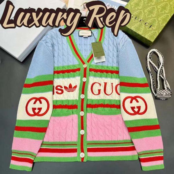 Replica Gucci Men GG Adidas x Gucci Wool Cardigan Pink Blue Cable Stitch V-Neck 3