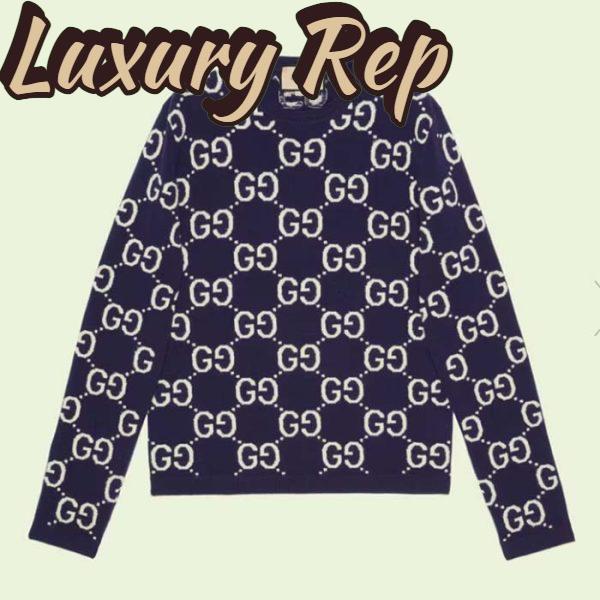 Replica Gucci Men GG Wool Jacquard Sweater Blue Ivory Long Sleeves Crewneck 2