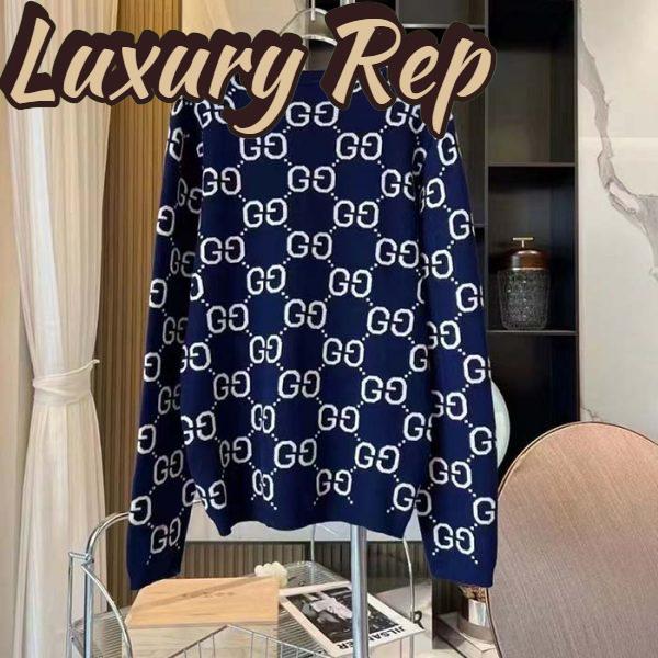 Replica Gucci Men GG Wool Jacquard Sweater Blue Ivory Long Sleeves Crewneck 3