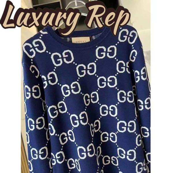 Replica Gucci Men GG Wool Jacquard Sweater Blue Ivory Long Sleeves Crewneck 4