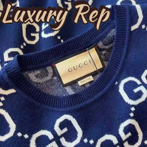 Replica Gucci Men GG Wool Jacquard Sweater Blue Ivory Long Sleeves Crewneck 5