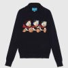 Replica Gucci Women Disney x Gucci Donald Duck Cotton Wool Sweater Holes Crewneck Collar-Navy