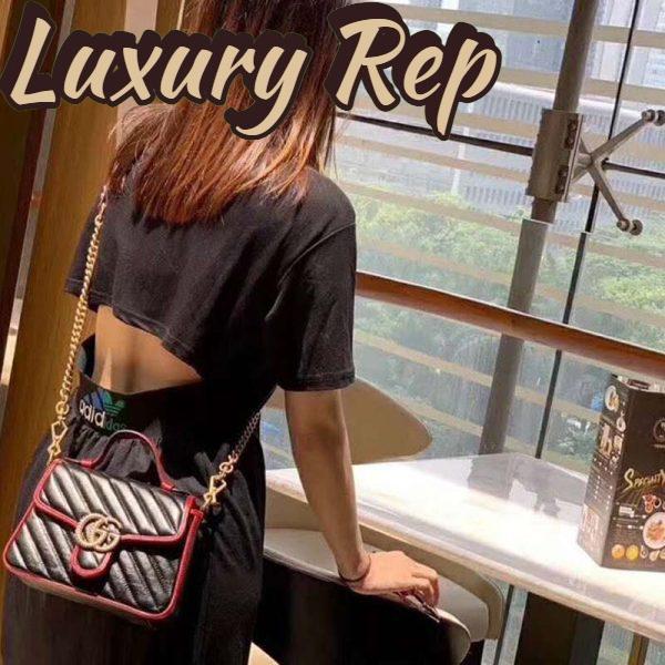 Replica Gucci GG Women GG Marmont Small Top Handle Bag in Black Diagonal Matelassé Leather 10