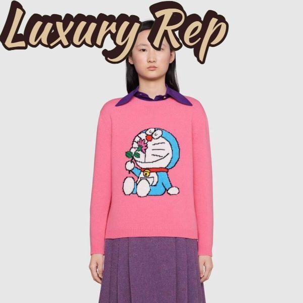 Replica Gucci Women Doraemon x Gucci Wool Sweater Pink Wool Crewneck 10