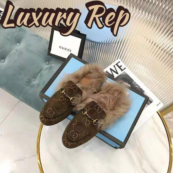 Replica Gucci Unisex Princetown GG Velvet Slipper in Lamb Wool-Brown 3