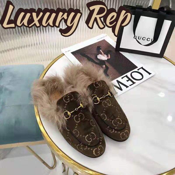 Replica Gucci Unisex Princetown GG Velvet Slipper in Lamb Wool-Brown 4