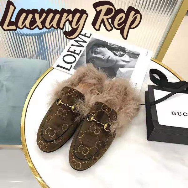 Replica Gucci Unisex Princetown GG Velvet Slipper in Lamb Wool-Brown 6