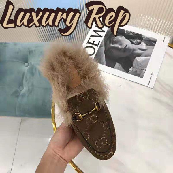 Replica Gucci Unisex Princetown GG Velvet Slipper in Lamb Wool-Brown 9