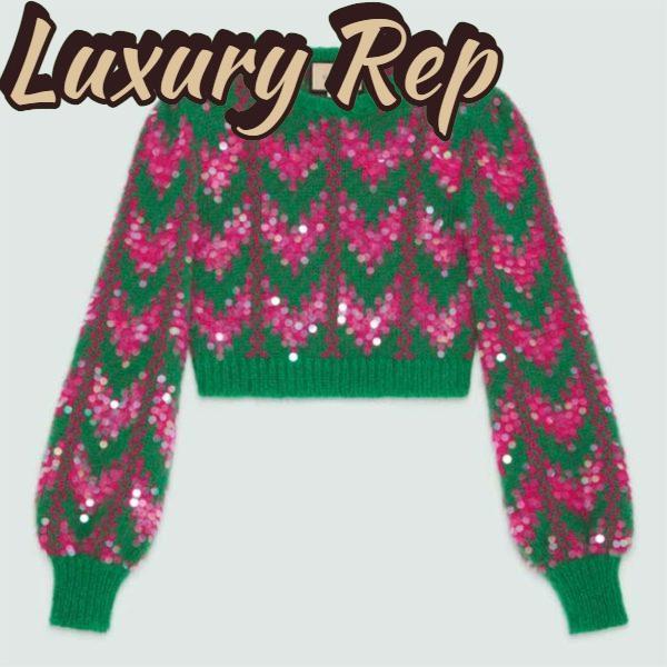 Replica Gucci Women GG Chevron Wool Sequin Sweater Crewneck Mohair Polyamide Puffed Sleeves