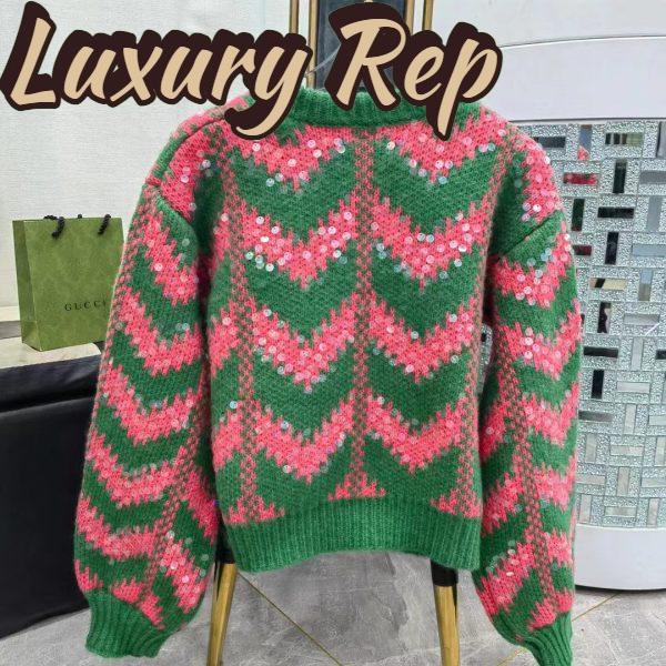 Replica Gucci Women GG Chevron Wool Sequin Sweater Crewneck Mohair Polyamide Puffed Sleeves 4