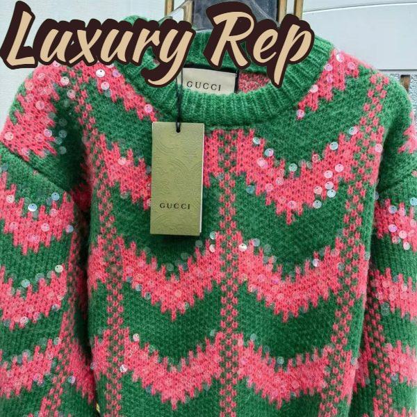 Replica Gucci Women GG Chevron Wool Sequin Sweater Crewneck Mohair Polyamide Puffed Sleeves 5