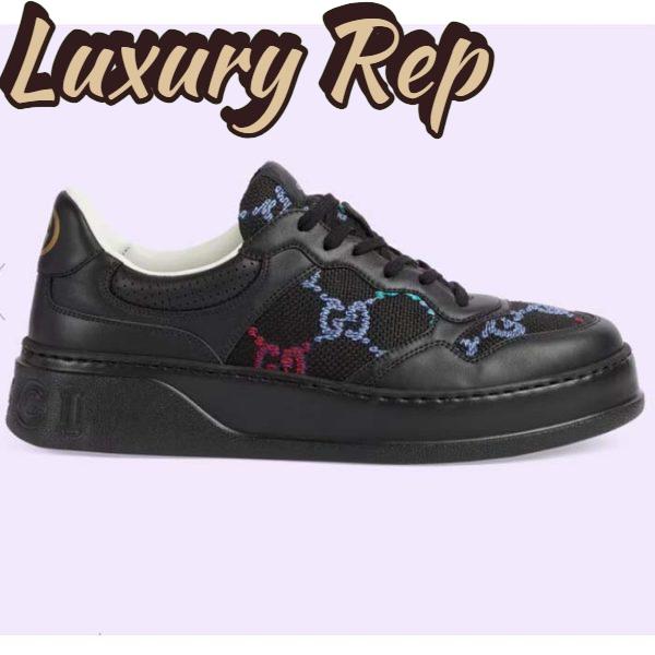Replica Gucci Unisex GG Sneaker Black Leather Multicolor GG Fabric Mid Heel 5.6 Cm Heel