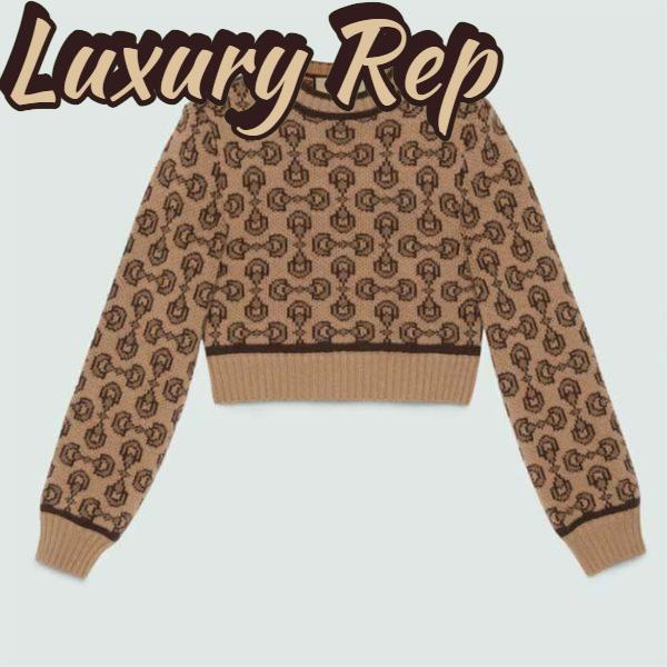 Replica Gucci Women GG Horsebit Cashmere Jacquard Sweater Camel Brown Wool Crewneck 2