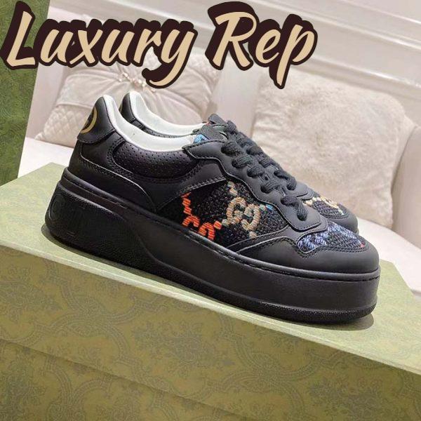 Replica Gucci Unisex GG Sneaker Black Leather Multicolor GG Fabric Mid Heel 5.6 Cm Heel 3