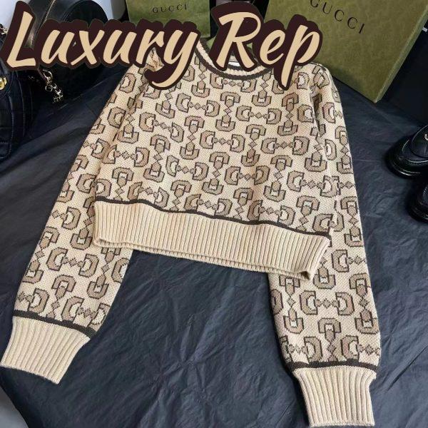 Replica Gucci Women GG Horsebit Cashmere Jacquard Sweater Camel Brown Wool Crewneck 3