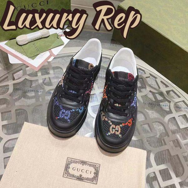 Replica Gucci Unisex GG Sneaker Black Leather Multicolor GG Fabric Mid Heel 5.6 Cm Heel 4