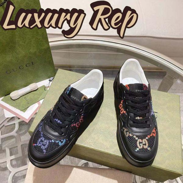 Replica Gucci Unisex GG Sneaker Black Leather Multicolor GG Fabric Mid Heel 5.6 Cm Heel 5