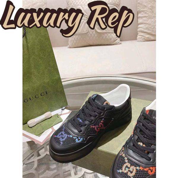 Replica Gucci Unisex GG Sneaker Black Leather Multicolor GG Fabric Mid Heel 5.6 Cm Heel 7