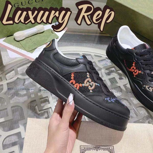 Replica Gucci Unisex GG Sneaker Black Leather Multicolor GG Fabric Mid Heel 5.6 Cm Heel 8