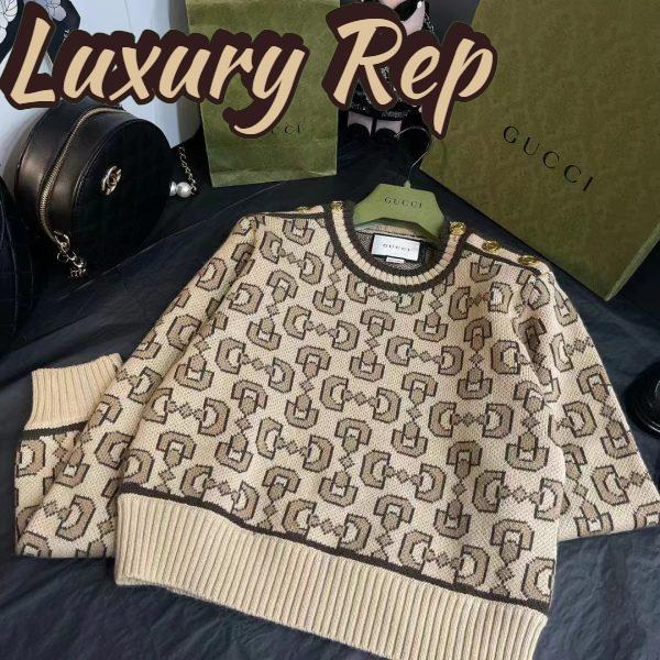 Replica Gucci Women GG Horsebit Cashmere Jacquard Sweater Camel Brown Wool Crewneck 5