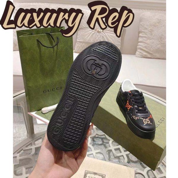 Replica Gucci Unisex GG Sneaker Black Leather Multicolor GG Fabric Mid Heel 5.6 Cm Heel 11