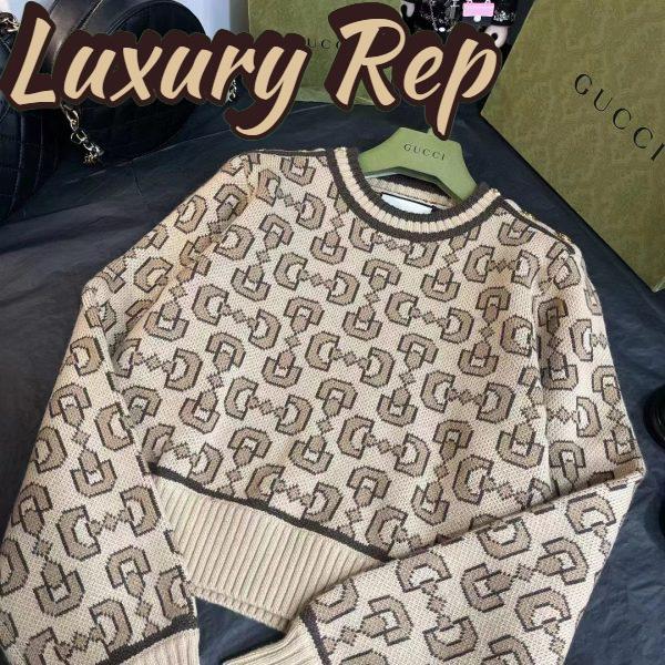 Replica Gucci Women GG Horsebit Cashmere Jacquard Sweater Camel Brown Wool Crewneck 6
